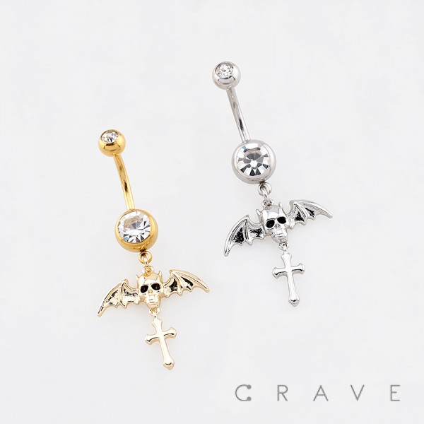 BAT WING MOTIF WITH A SKULL DANGLING CROSS CHARM BELLY BUTTON NAVEL RING 316L SURGICAL STEEL